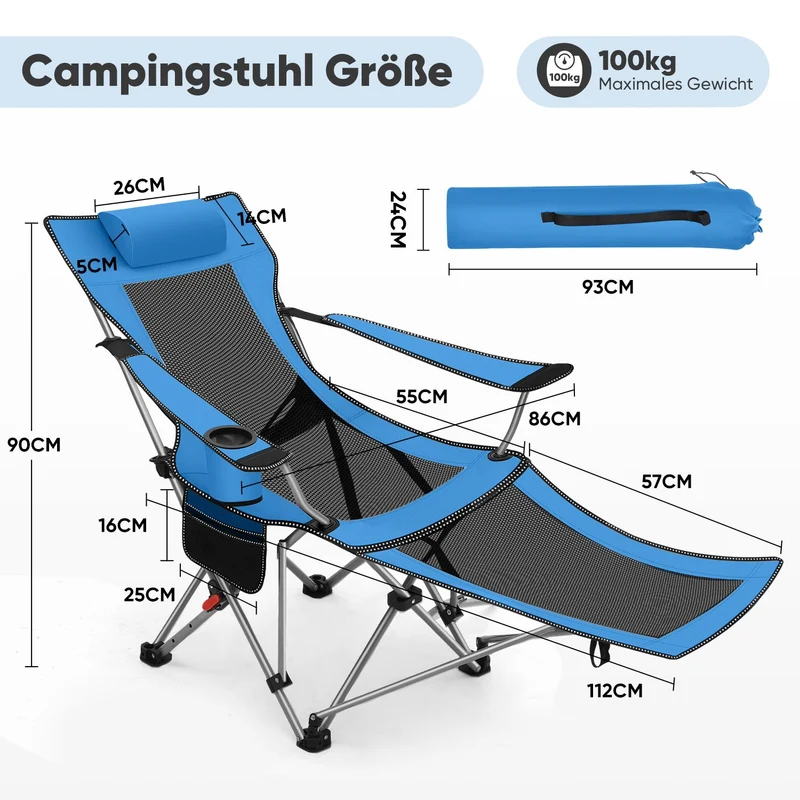 Sunula Klappbarer Campingstuhl, Liegestuhl 2-in-1, Belastbar bis 100 kg, Abnehmbare Fußablage, Getränkehalter, Tragetasche, Leicht, Verstellbare Rückenlehne, Für Angeln, Strand, Camping, Garten, Outdoor