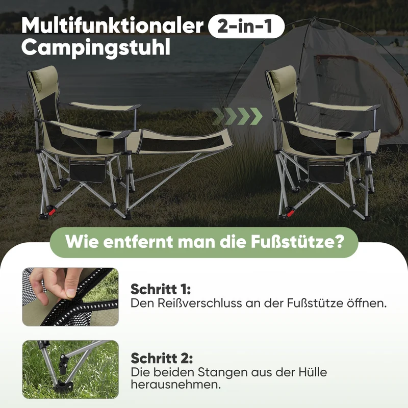 Sunula Klappbarer Campingstuhl, Liegestuhl 2-in-1, Belastbar bis 100 kg, Abnehmbare Fußablage, Getränkehalter, Tragetasche, Leicht, Verstellbare Rückenlehne, Für Angeln, Strand, Camping, Garten, Outdoor