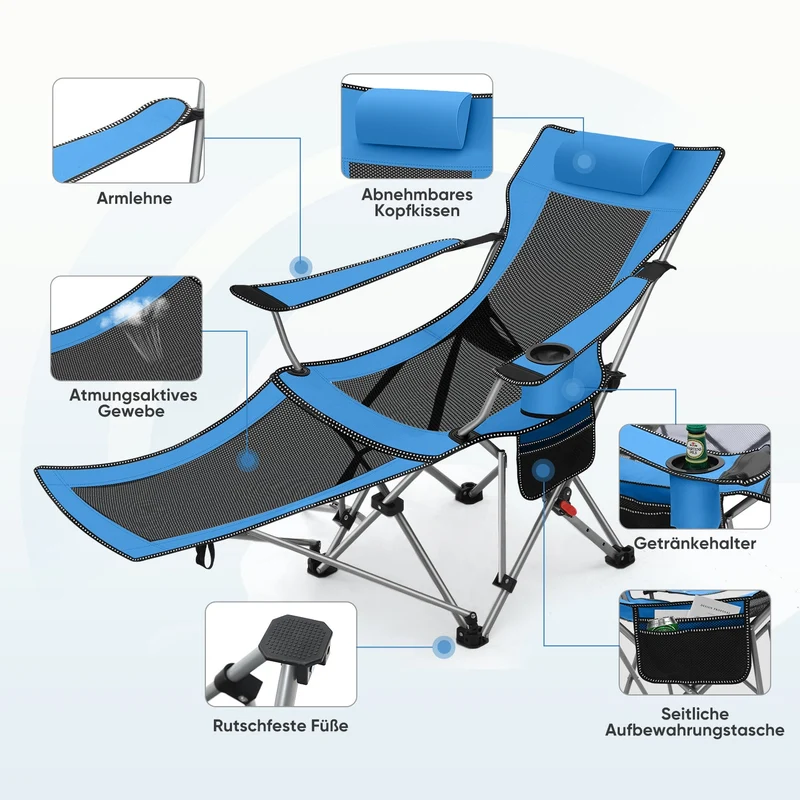 Sunula Klappbarer Campingstuhl, Liegestuhl 2-in-1, Belastbar bis 100 kg, Abnehmbare Fußablage, Getränkehalter, Tragetasche, Leicht, Verstellbare Rückenlehne, Für Angeln, Strand, Camping, Garten, Outdoor