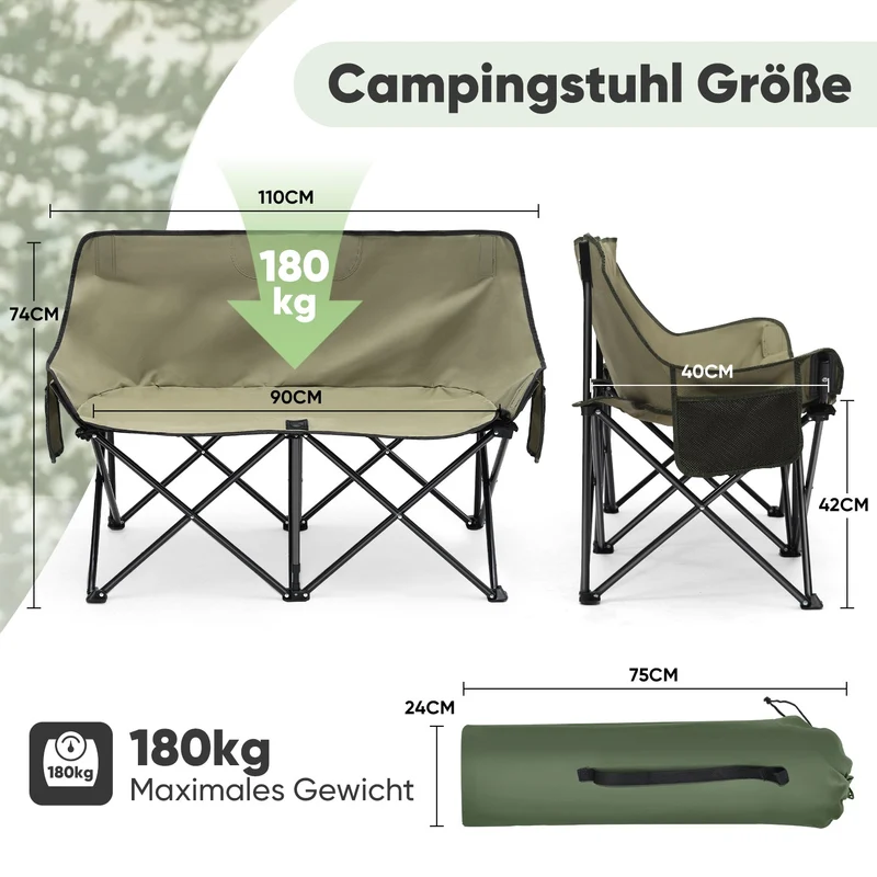 Sunula Faltbarer Campingsofa für 2 Personen, Tragbarer Campingstuhl bis 150 kg, Mit Armlehne und Tragetasche, Outdoor-Faltstuhl, Ideal für Picknick, Camping, Garten, Balkon, Angeln