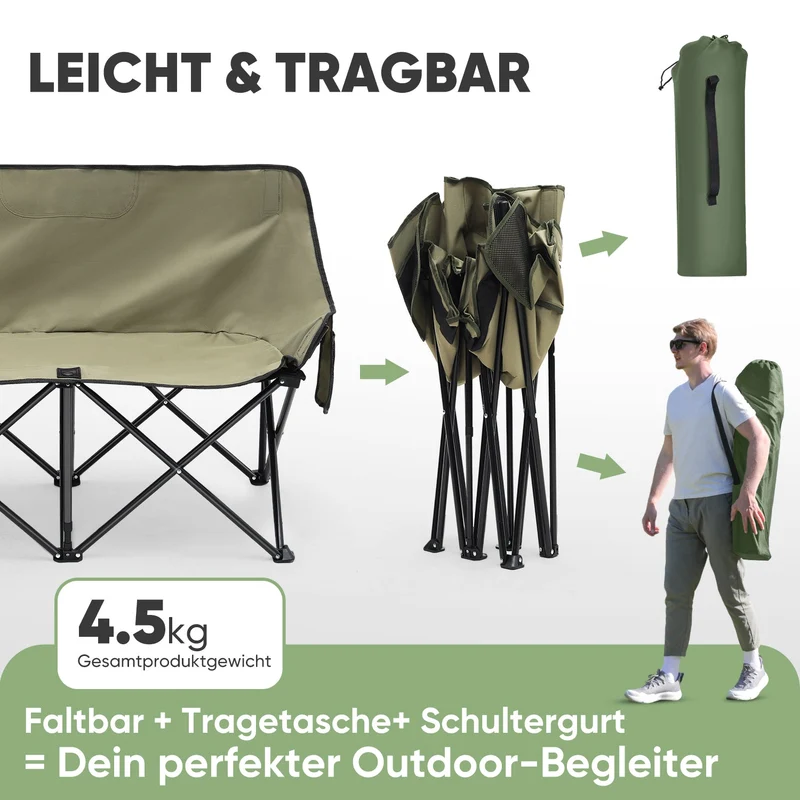 Sunula Faltbarer Campingsofa für 2 Personen, Tragbarer Campingstuhl bis 150 kg, Mit Armlehne und Tragetasche, Outdoor-Faltstuhl, Ideal für Picknick, Camping, Garten, Balkon, Angeln