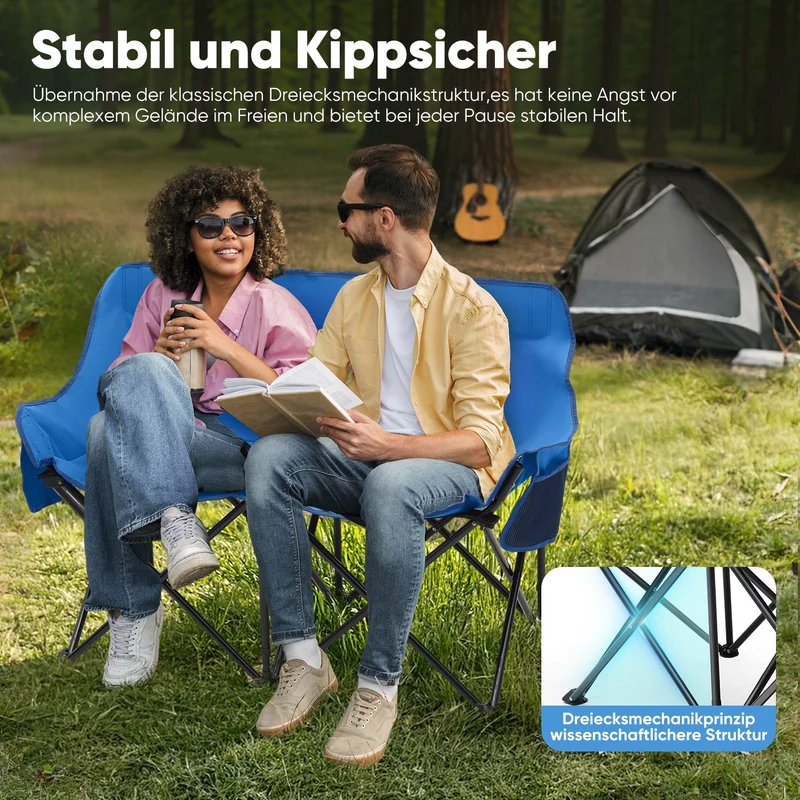 Sunula Faltbarer Campingsofa für 2 Personen, Tragbarer Campingstuhl bis 150 kg, Mit Armlehne und Tragetasche, Outdoor-Faltstuhl, Ideal für Picknick, Camping, Garten, Balkon, Angeln