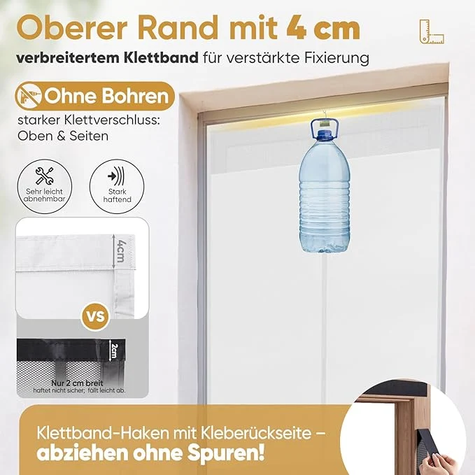 Sekey Fliegengitter Balkontür Magnet, Insektenschutz, Zentraler Privatschutzbereich, Klettverschluss-Montage, Ohne Bohren, Für Holz-, Eisen- und Aluminiumtüren, Weiß