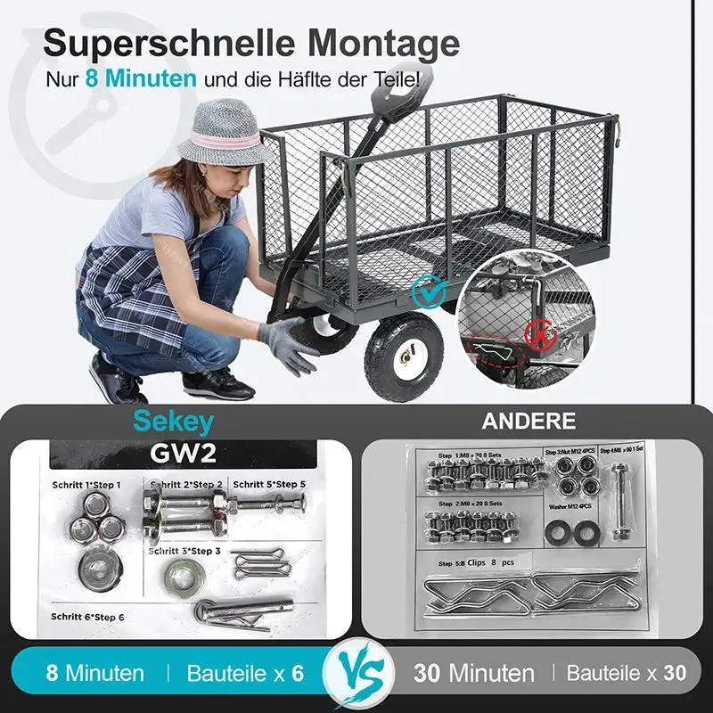 Sekey 200L / 500KG Gartenwagen mit abnehmbaren Seitenteilen und Gummiluftreifen