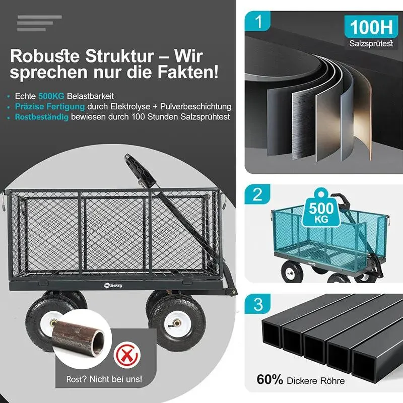 Sekey 200L / 500KG Gartenwagen mit abnehmbaren Seitenteilen und Gummiluftreifen