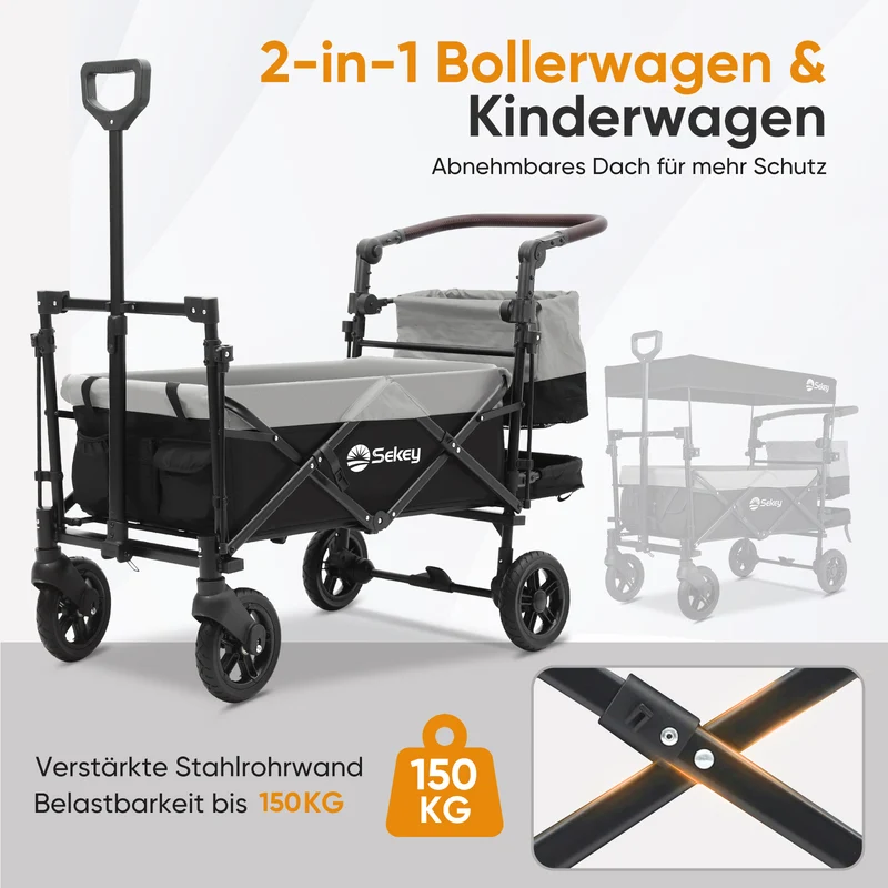 Sekey 150KG Faltbarer Bollerwagenmit Dach, Bollerwagen Kinder Handwagen, 5050