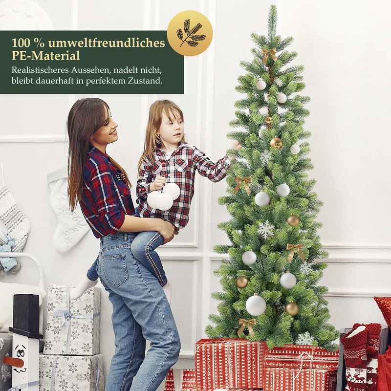 Salcar Schmaler Künstlicher Weihnachtsbaum 120/150/180/210 cm | Slim Nordmanntanne aus PE, Platzsparend, Realistisch, Wiederverwendbar, Mit Metallständer