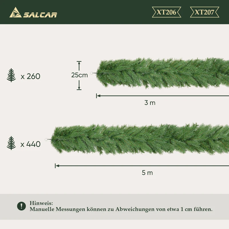 Salcar Künstliche Weihnachtsgirlande 3 m/5 m – Realistische Tannengirlande aus PE & PVC, Grün, Flexibel, Pflegeleicht & Wiederverwendbar, Für Innen & Außen