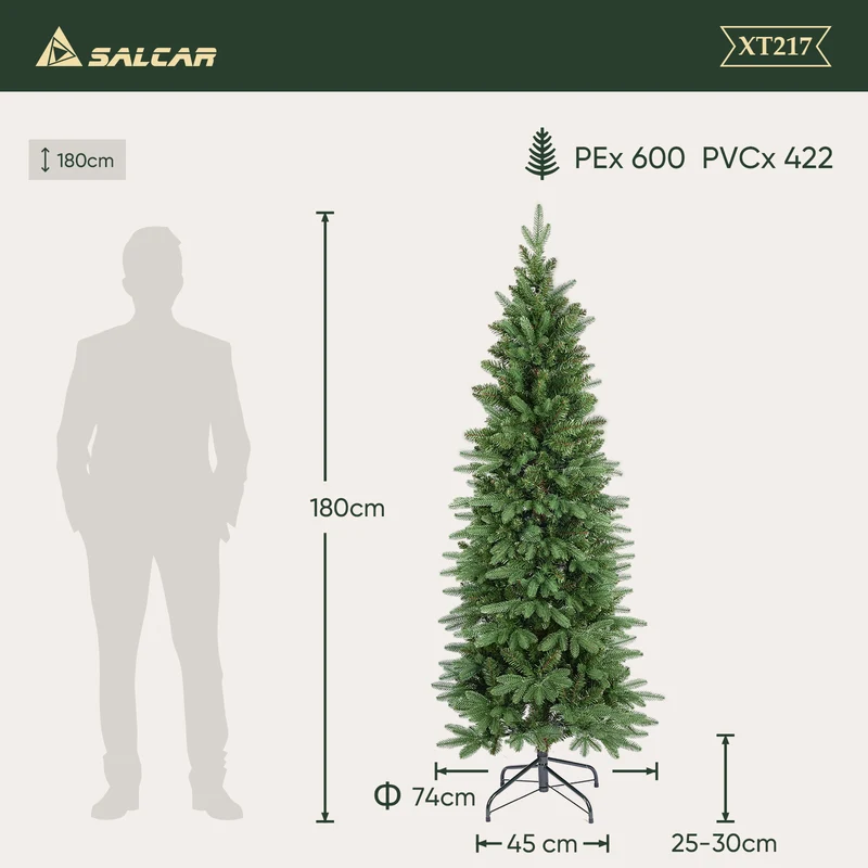 Salcar Künstlicher Weihnachtsbaum Slim – Schmaler Tannenbaum in Pencil-Form, realistische Nadeln aus PE & PVC, platzsparend & langlebig