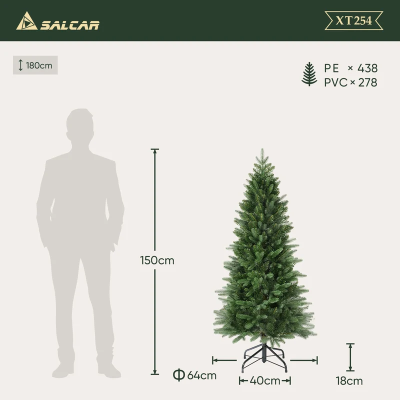 Salcar Künstlicher Weihnachtsbaum Slim – Schmaler Tannenbaum in Pencil-Form, realistische Nadeln aus PE & PVC, platzsparend & langlebig