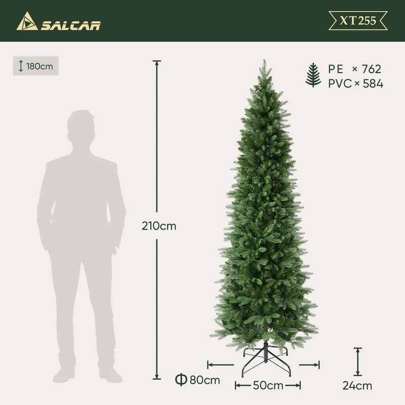 Salcar Künstlicher Weihnachtsbaum Slim – Schmaler Tannenbaum in Pencil-Form, realistische Nadeln aus PE & PVC, platzsparend & langlebig