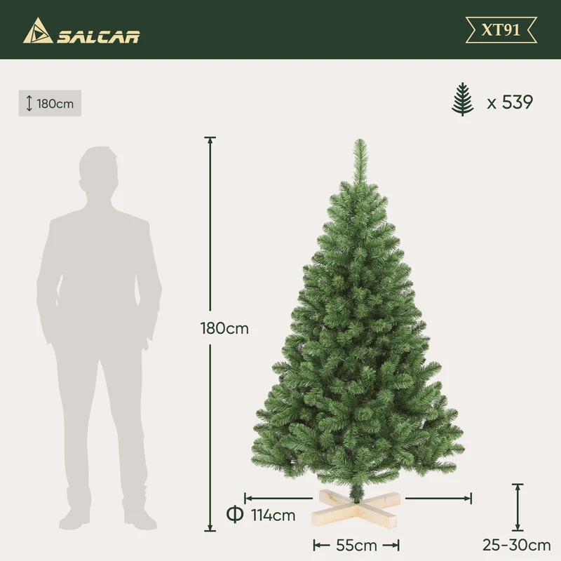Salcar Künstlicher Weihnachtsbaum 120/150/180/210 cm – Nordmanntanne-Optik mit Holzständer, Premium-Tannenbaum aus PVC mit runden Zweigspitzen