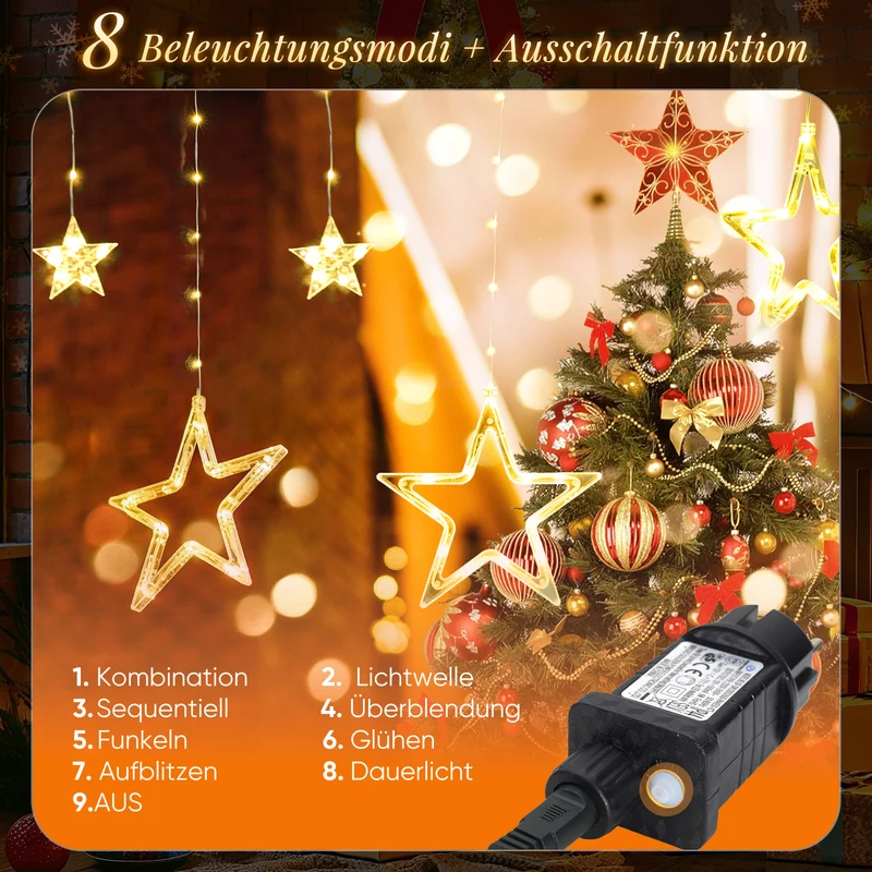 Salcar LED Sterne Lichtervorhang, 2m 160 LEDs, 10 Sterne, 8 Modi, Timer & Memory – Weihnachtsbeleuchtung für Innen & Außen, Warmweiß/Bunt, IP44 Wasserdicht