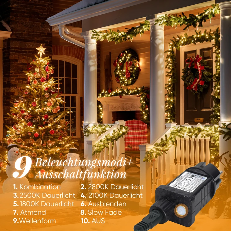 Salcar LED Lichterkette Außen – 10m/15m/20m, 150–300 LEDs, Wasserdicht, 9 Modi, Timer & Memory, Stufenlos dimmbar, 4 Farbtemperaturen (2800K–1800K), für Garten, Balkon, Party, Weihnachtsbaum