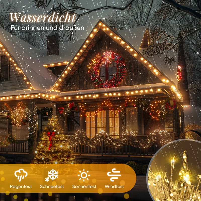 Salcar LED Cluster Lichterkette aus Kupferdraht – 5m/10m/15m/20m, 200–800 LEDs, Wasserdicht, 8 Modi, Timer & Memory, für Innen & Außen, Weihnachtsbaum, Garten, Hochzeit, Party – Warmweiß