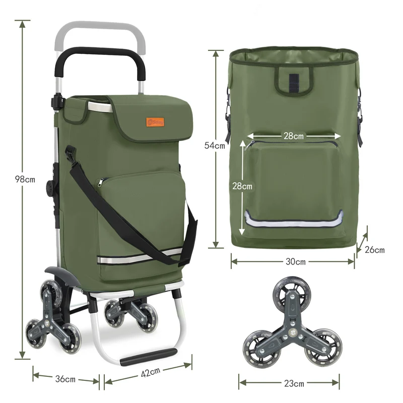 Sekey XXL Einkaufstrolley Treppensteiger 3-Rad Faltbarer Aluminium 3-in-1 Einkaufswagen mit Höhenverstellbarem Griff, Kühlfach & Getränkefach Ideal für Camping & Einkäufe