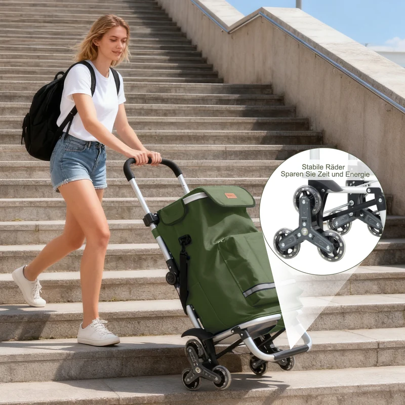 Sekey XXL Einkaufstrolley Treppensteiger 3-Rad Faltbarer Aluminium 3-in-1 Einkaufswagen mit Höhenverstellbarem Griff, Kühlfach & Getränkefach Ideal für Camping & Einkäufe