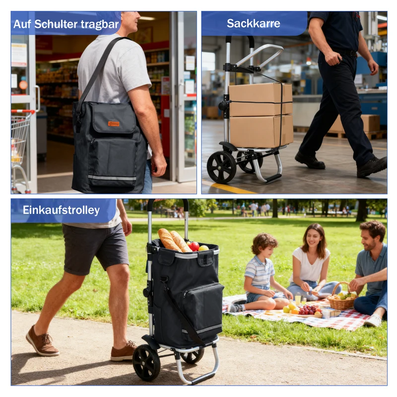 Sekey Faltbarer Einkaufstrolley 3-in-1 Leichter Aluminium-Trolley 60 kg Tragkraft, Höhenverstellbarer Griff, Automatische Faltfunktion, Inklusive Kühlfach & Getränkefach, Ideal für Einkäufe & Camping