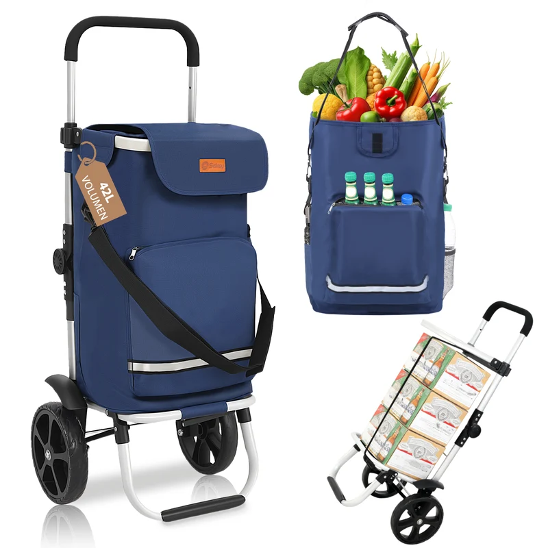 Sekey Faltbarer Einkaufstrolley 3-in-1 Leichter Aluminium-Trolley 60 kg Tragkraft, Höhenverstellbarer Griff, Automatische Faltfunktion, Inklusive Kühlfach & Getränkefach, Ideal für Einkäufe & Camping