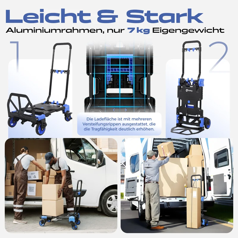 Sekey 2-in-1 Klappbare Sackkarre & Transportwagen 150 kg Tragkraft, Leichter Alurahmen, TPR-Doppellagerräder, Feststellbremse & Höhenverstellbarer Griff, inkl. 2 Expanderseile