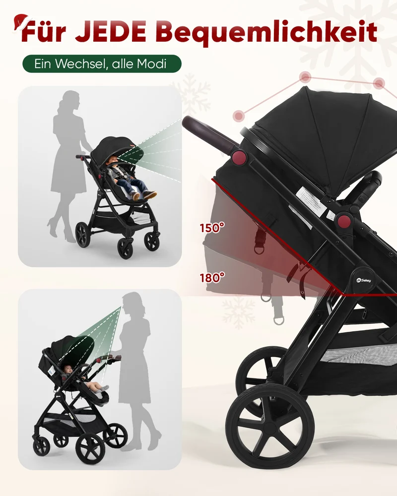 Sekey BW600 3-in-1 Kombi-Kinderwagen Reisesystem mit Babyschale, Liegewanne & Buggy, Moskitonetz, Regenschutz, Federung, 5-Punkt-Gurt, All-Wetter Travel System 0 Jahre