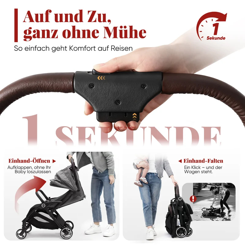 Sekey BW732 Reise-Kinderwagen Ultraleicht & Einhand-klappbar | 3-fach verstellbare Rückenlehne, 4-Rad-Federung, Regenschutz, 5-Punkt-Gurt, Handgepäckgeeignet