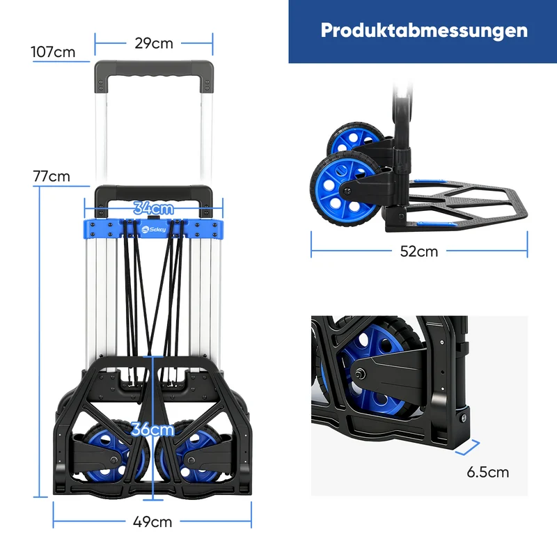 Sekey Klappbare Sackkarre 150 kg Verstärkter Alurahmen, XXL Anti-Rutsch-Ladefläche, TPR-Räder, höhenverstellbarer Griff & 1-Sekunden-Faltung inkl. 2 Expanderseilen