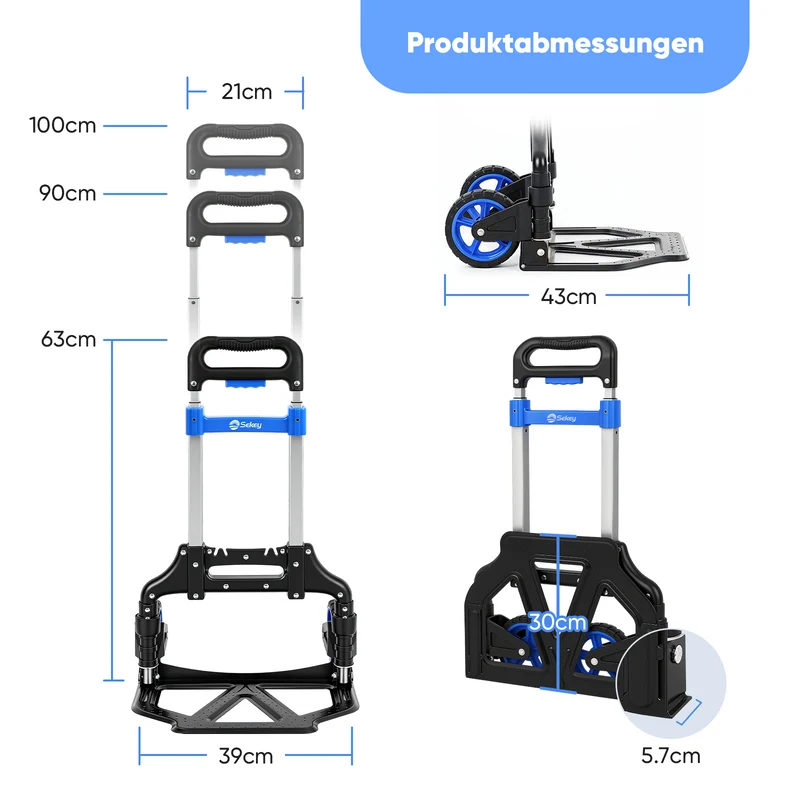 Sekey Klappbare Sackkarre Ultraleicht (3,5 kg), 80 kg Tragkraft, 3-stufig höhenverstellbar, Aluminium Transportkarre mit TPR-Rädern & ergonomischem Griff