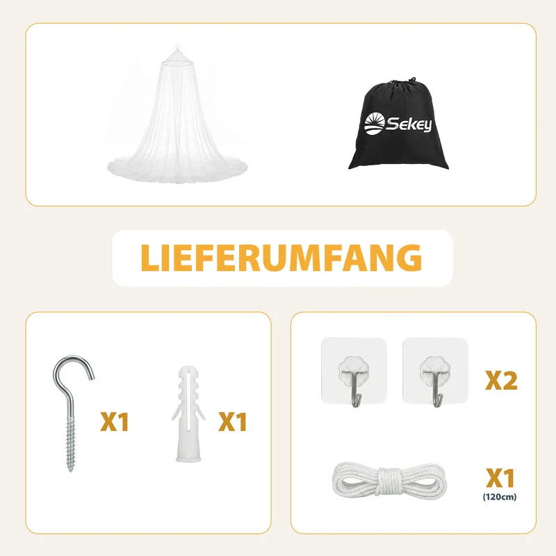 Sekey Moskitonetz Bett Doppel- & Einzelbett – 2,2 m hoch, 12 m Umfang, Reise Mückennetz mit Tasche, Insektenschutz für Camping, Outdoor & Zuhause, Weiß