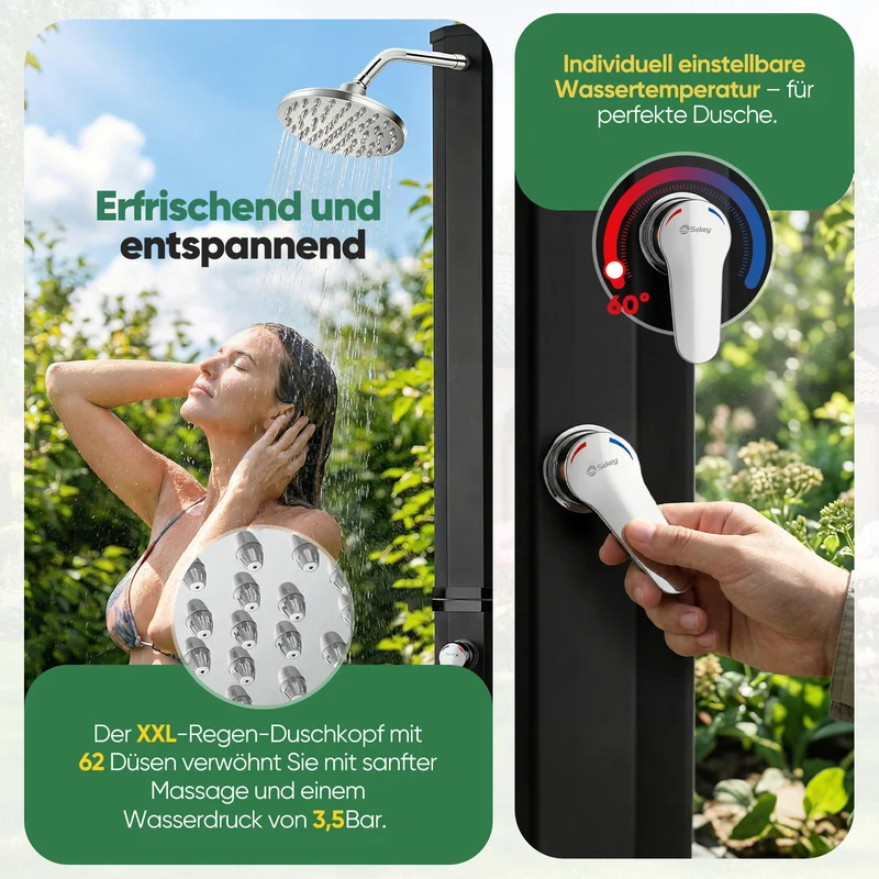 Sekey Gartendusche, Solardusche 40L / 60L Gartendusche mit Regenduschkopf & Fußdusche – bis 60°C, ohne Strom für Garten, Pool & Camping