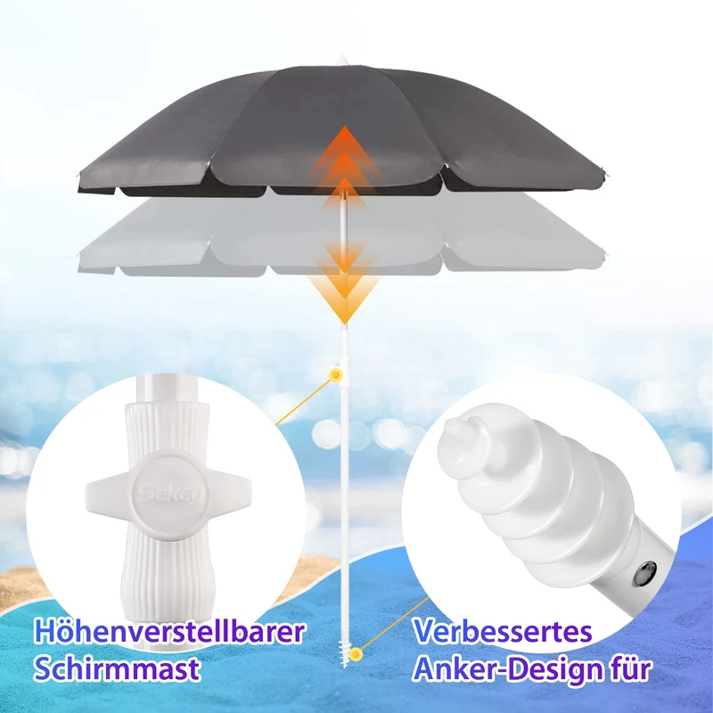Sekey 3-in-1 Sonnenschirm mit Erdspieß 160cm – höhenverstellbar & neigbar, UV-Schutz 50+, stabiler Strandschirm für Strand, Garten & Camping