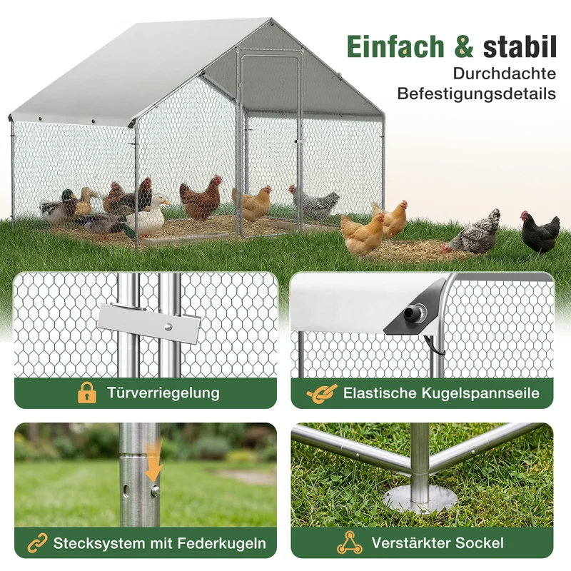Sekey XXL Hühnerstall 2x3x2m winterfest & begehbar – Freilaufgehege für 4–15 Hühner, feuerverzinkte Voliere mit UV-Dach, fuchs- & mardersicher