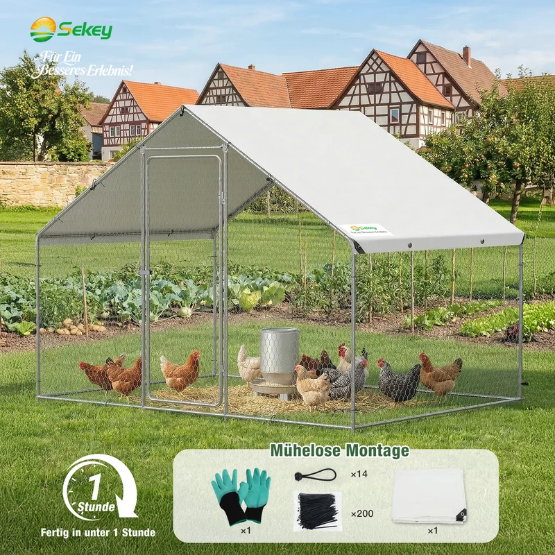 Sekey XXL Hühnerstall 2x3x2m winterfest & begehbar – Freilaufgehege für 4–15 Hühner, feuerverzinkte Voliere mit UV-Dach, fuchs- & mardersicher