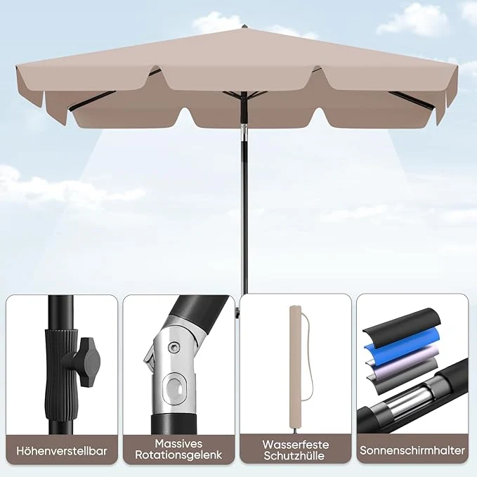 Sekey Rechteckiger Balkon-Sonnenschirm 200x125 cm – UPF50+, 4 Farben (Apfelgrün, Weiß, Dunkelgrau, Beige) + Schutzhülle