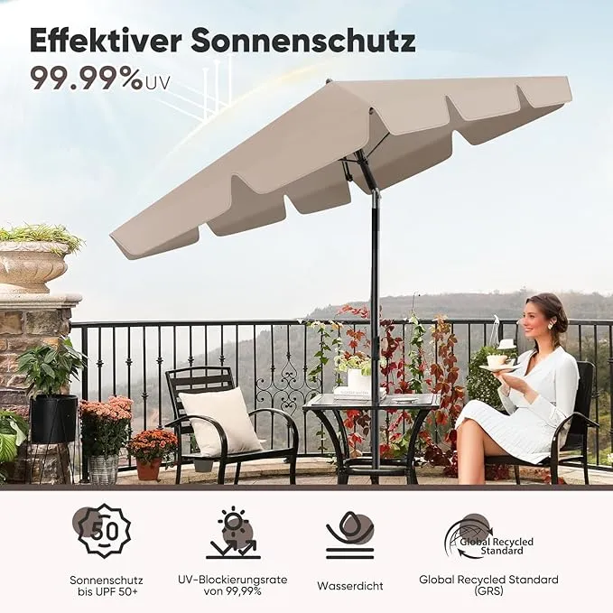 Sekey Rechteckiger Balkon-Sonnenschirm 200x125 cm – UPF50+, 4 Farben (Apfelgrün, Weiß, Dunkelgrau, Beige) + Schutzhülle