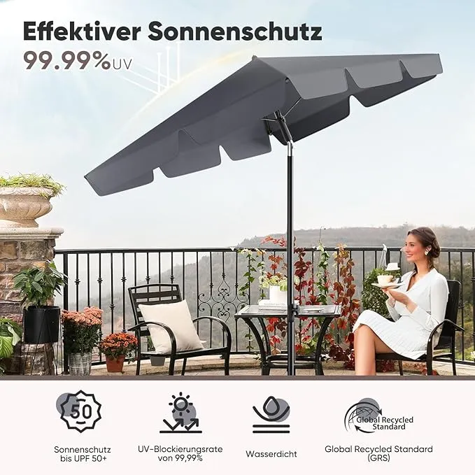 Sekey Rechteckiger Balkon-Sonnenschirm 200x125 cm – UPF50+, 4 Farben (Apfelgrün, Weiß, Dunkelgrau, Beige) + Schutzhülle