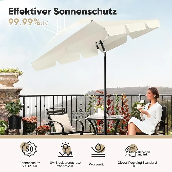 Sekey Rechteckiger Balkon-Sonnenschirm 200x125 cm – UPF50+, 4 Farben (Apfelgrün, Weiß, Dunkelgrau, Beige) + Schutzhülle