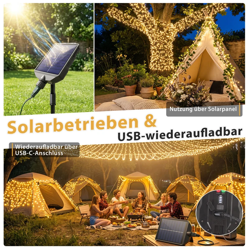 Salcar Solar Cluster Lichterkette Außen mit Fernbedienung – Warmweiß LED Lichterkette mit 13 Modi, Solar & USB Aufladung, Wetterfest Gartenbeleuchtung für Balkon, Terrasse & Party