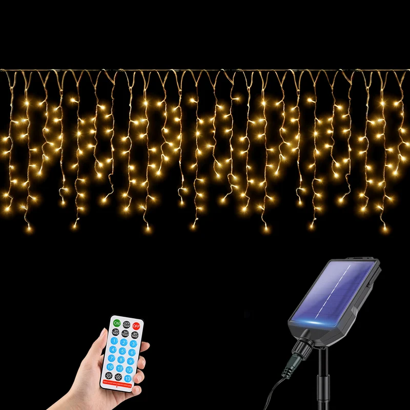 Salcar Solar Eisregen Lichterkette Außen mit Fernbedienung – Warmweiß LED Lichtervorhang mit 13 Modi, Solar & USB Aufladung, Wetterfest Gartenbeleuchtung für Fenster, Balkon & Terrasse