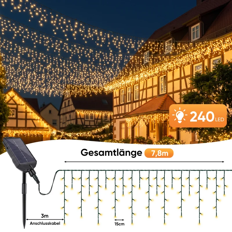 Salcar Solar Eisregen Lichterkette Außen mit Fernbedienung – Warmweiß LED Lichtervorhang mit 13 Modi, Solar & USB Aufladung, Wetterfest Gartenbeleuchtung für Fenster, Balkon & Terrasse