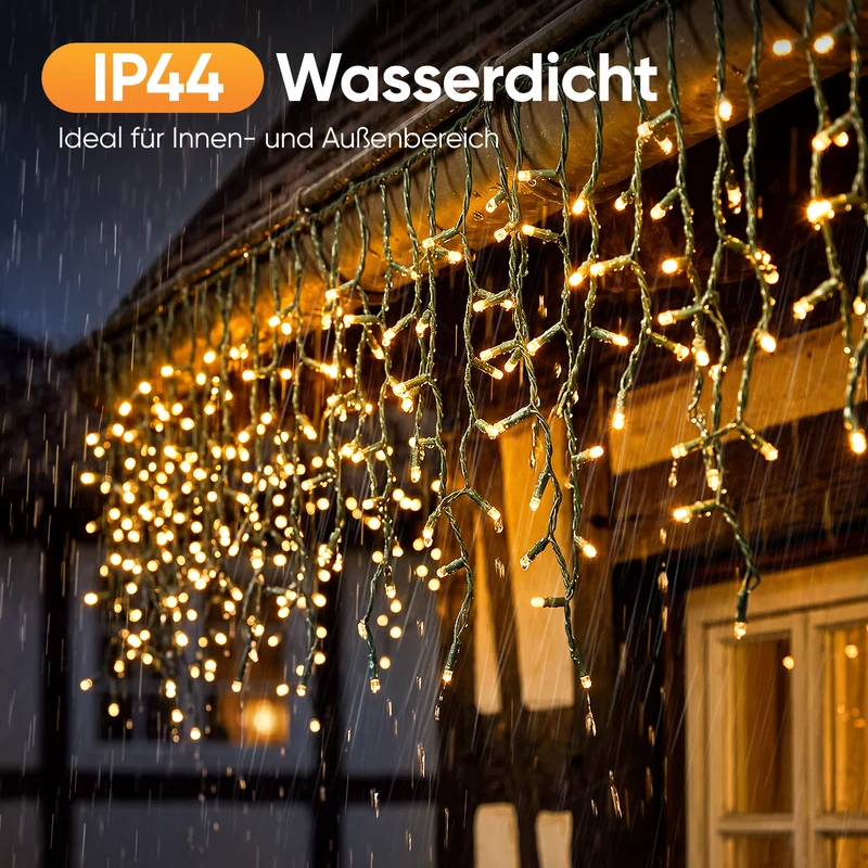 Salcar Solar Eisregen Lichterkette Außen mit Fernbedienung – Warmweiß LED Lichtervorhang mit 13 Modi, Solar & USB Aufladung, Wetterfest Gartenbeleuchtung für Fenster, Balkon & Terrasse