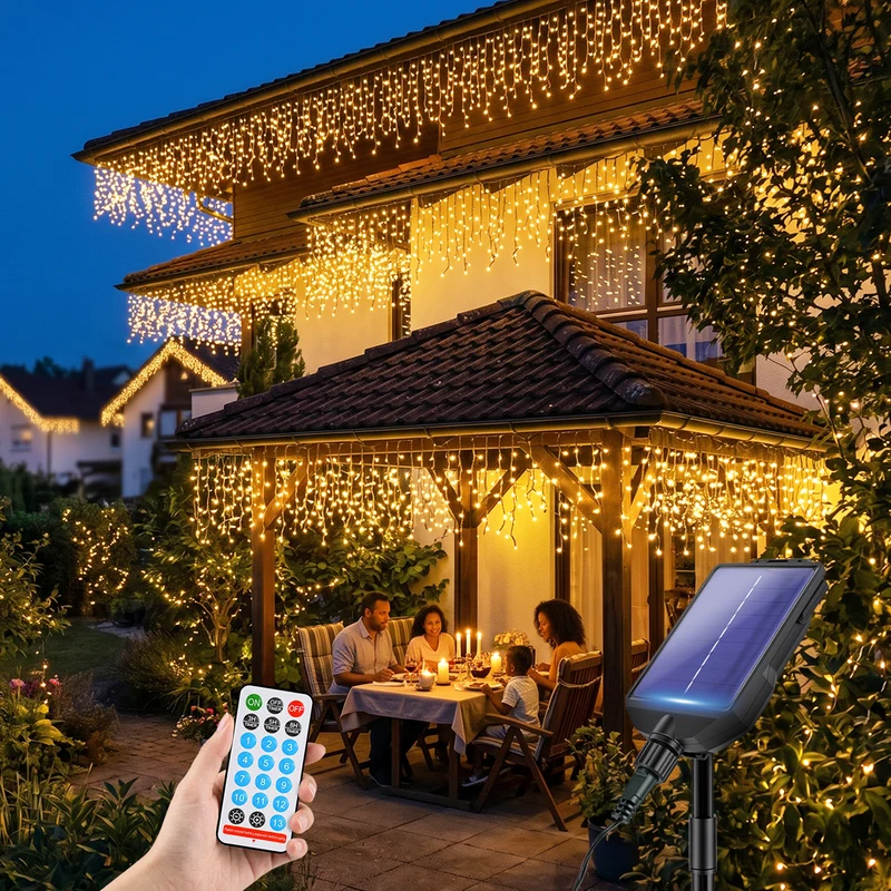 Salcar Solar Eisregen Lichterkette Außen mit Fernbedienung – Warmweiß LED Lichtervorhang mit 13 Modi, Solar & USB Aufladung, Wetterfest Gartenbeleuchtung für Fenster, Balkon & Terrasse