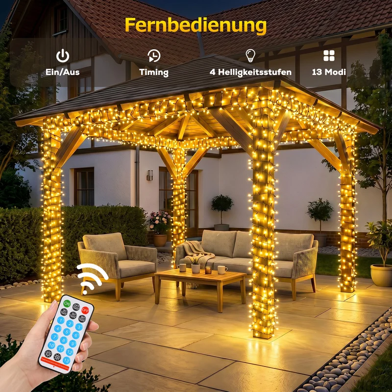 Salcar Solar Lichterkette Außen mit Fernbedienung – Warmweiß LED Gartenbeleuchtung mit 13 Modi, Wetterfest Solar Lichterkette für Balkon, Terrasse, Garten & Hochzeit