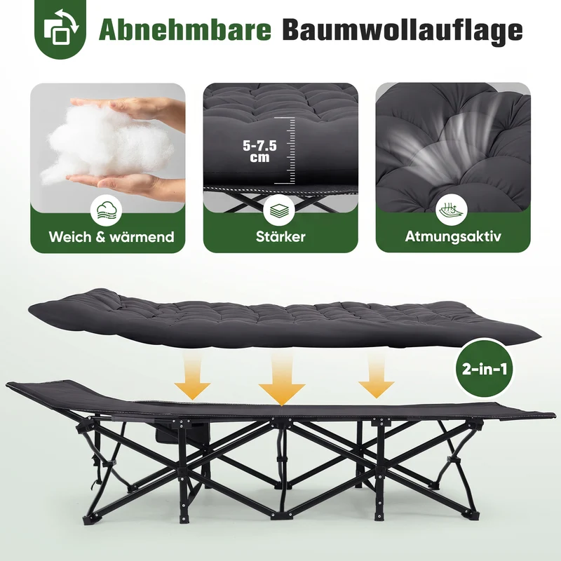 Sekey XXL Klappbett 202 × 80 × 45 cm – Extra breites Feldbett mit 7 cm Matratze, Campingbett bis 200 kg, Faltbares Gästebett mit Seitentasche aus Oxford-Gewebe für Camping, Garten & Outdoor