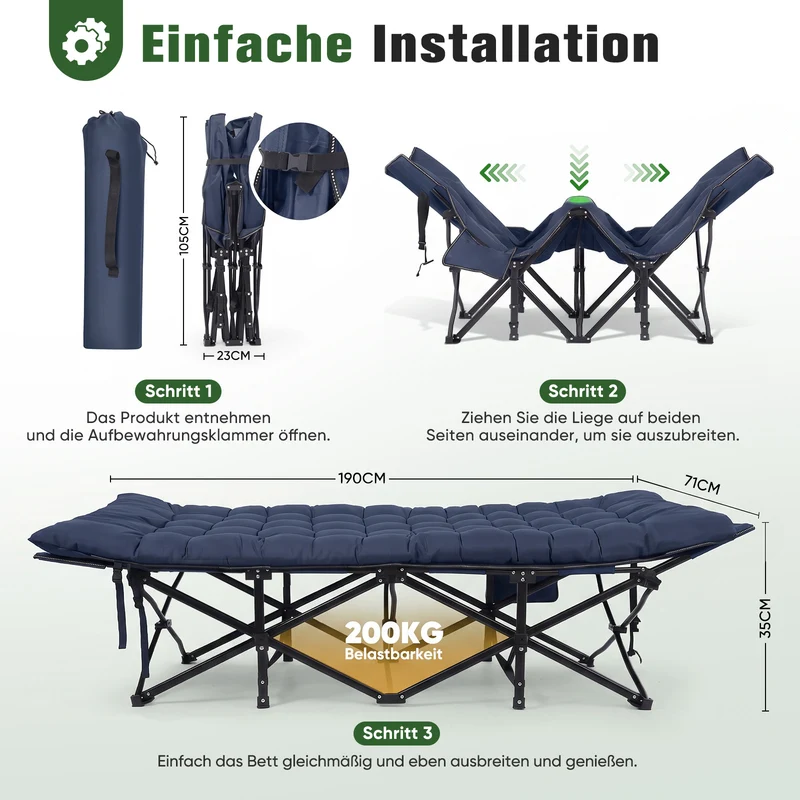 Sekey Feldbett Klappbar 190 × 71 × 35 cm – Campingbett mit 7 cm Matratze, Campingliege & Angelliege bis 200 kg, Faltbares Gästebett aus 1200D Oxford-Gewebe für Camping, Garten & Outdoor, Dunkelblau