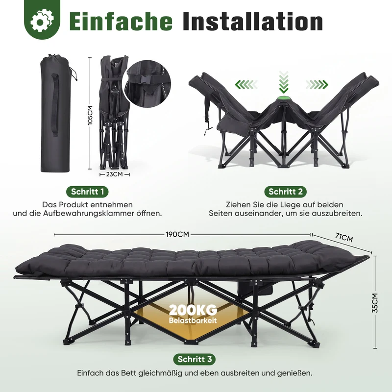 Sekey Feldbett Campingbett Klappbar 190 × 71 × 35 cm – Campingliege mit 7 cm Matratze, Klappbett bis 200 kg, Angelliege aus 1200D Oxford-Gewebe, Schwarz