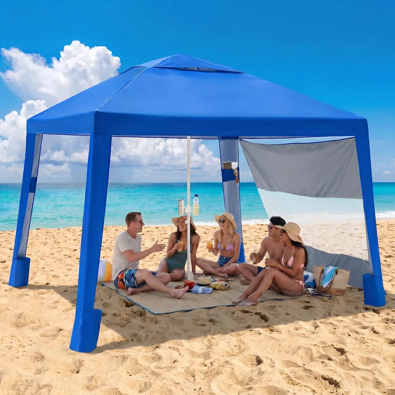 Sekey Strandmuschel Pop Up 240 × 240 cm für 4–6 Personen – Höhenverstellbares Strandzelt mit Seitenvorhang, UV50+ Sonnenschutz, Windfest mit Sandsäcken & Schraubheringen, Blau