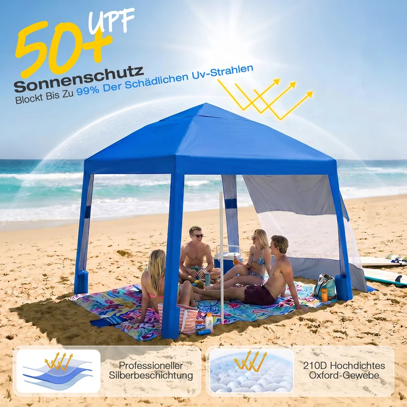 Sekey Strandmuschel Pop Up 240 × 240 cm für 4–6 Personen – Höhenverstellbares Strandzelt mit Seitenvorhang, UV50+ Sonnenschutz, Windfest mit Sandsäcken & Schraubheringen, Blau