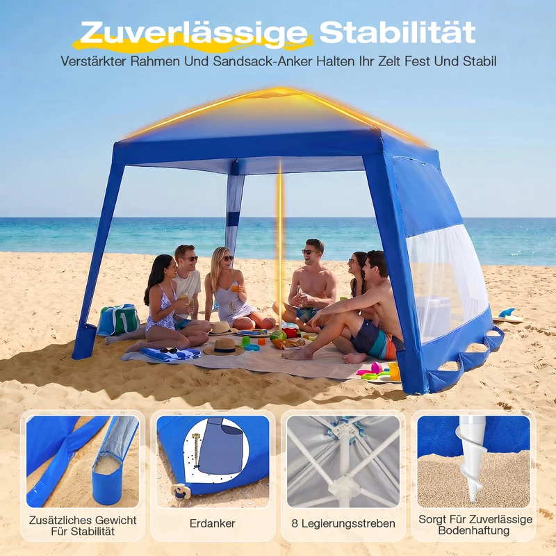 Sekey Strandmuschel Pop Up 240 × 240 cm für 4–6 Personen – Höhenverstellbares Strandzelt mit Seitenvorhang, UV50+ Sonnenschutz, Windfest mit Sandsäcken & Schraubheringen, Blau