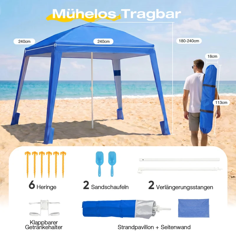 Sekey Strandmuschel Pop Up 240 × 240 cm für 4–6 Personen – Höhenverstellbares Strandzelt mit Seitenvorhang, UV50+ Sonnenschutz, Windfest mit Sandsäcken & Schraubheringen, Blau